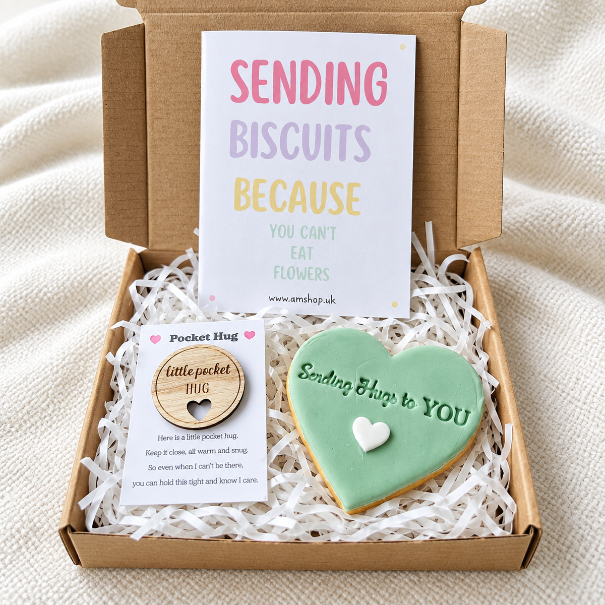 Sending Hugs gift with sage-green heart biscuit, wooden pocket hug and greeting card