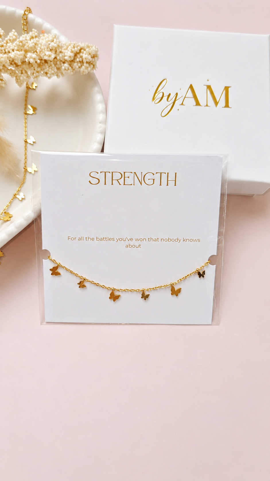 White BY AM jewellery gift box shown with the Strength bracelet for reference. Bracelet not included.