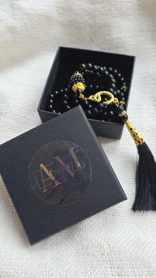 Black Tasbeeh Prayer Beads with Gold Tassel, Islamic Gift Box