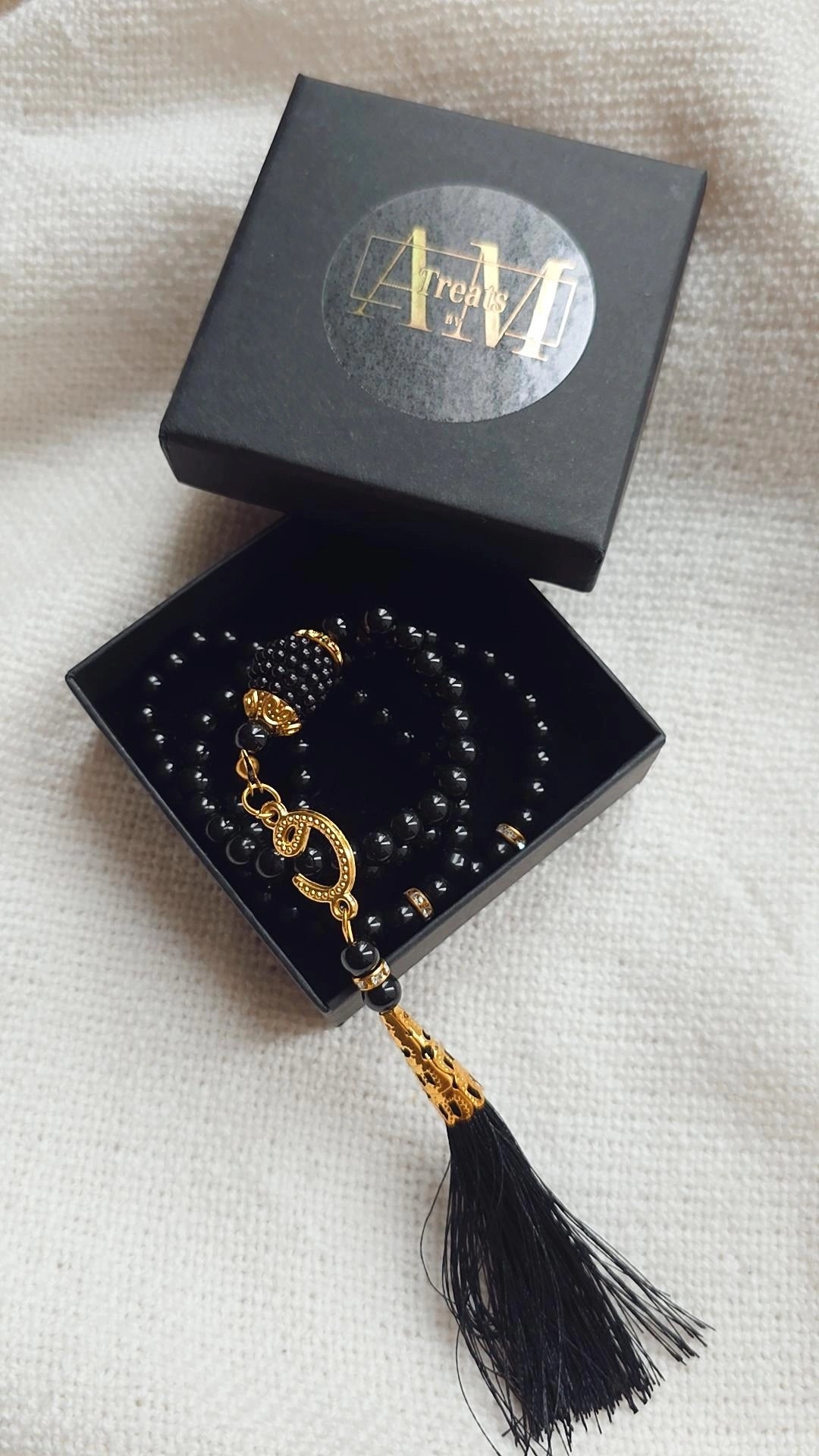 Black Tasbeeh Prayer Beads with Gold Tassel, Islamic Gift Box