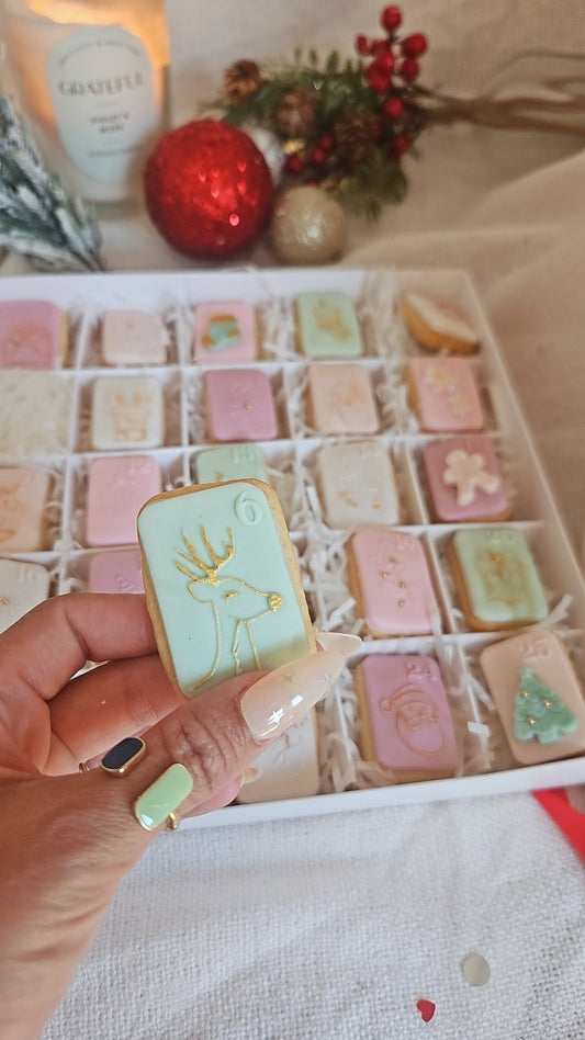 Luxury Christmas Advent Calendar Biscuit Box | Edible Holiday Countdown | 25 Mini Hand Iced Cookies