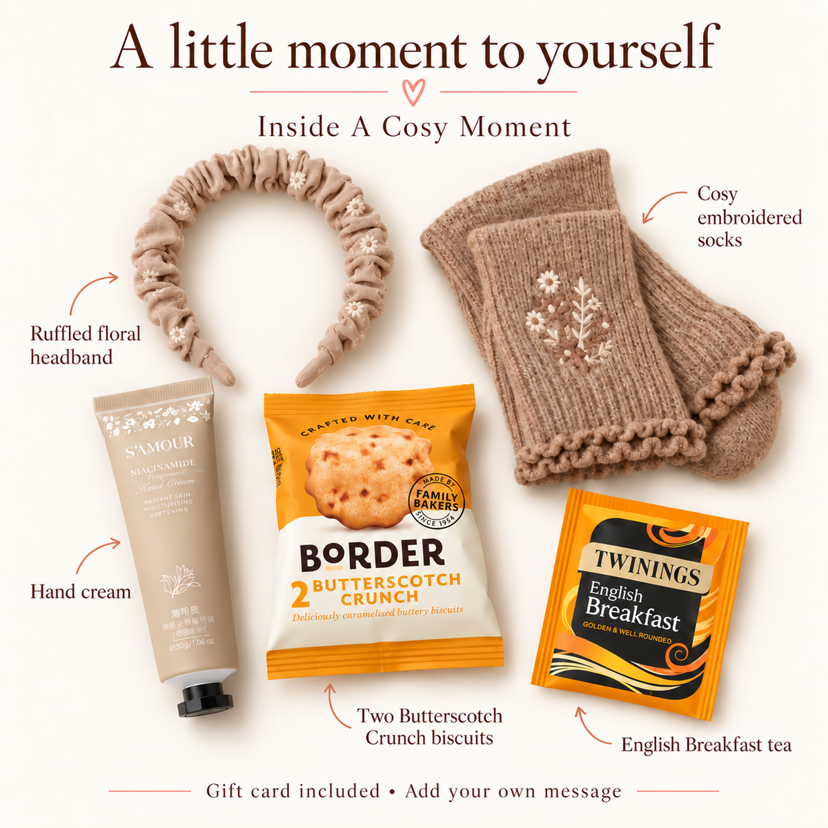 A Cosy Moment contents with the ruffled floral headband, embroidered socks, hand cream, biscuits and tea