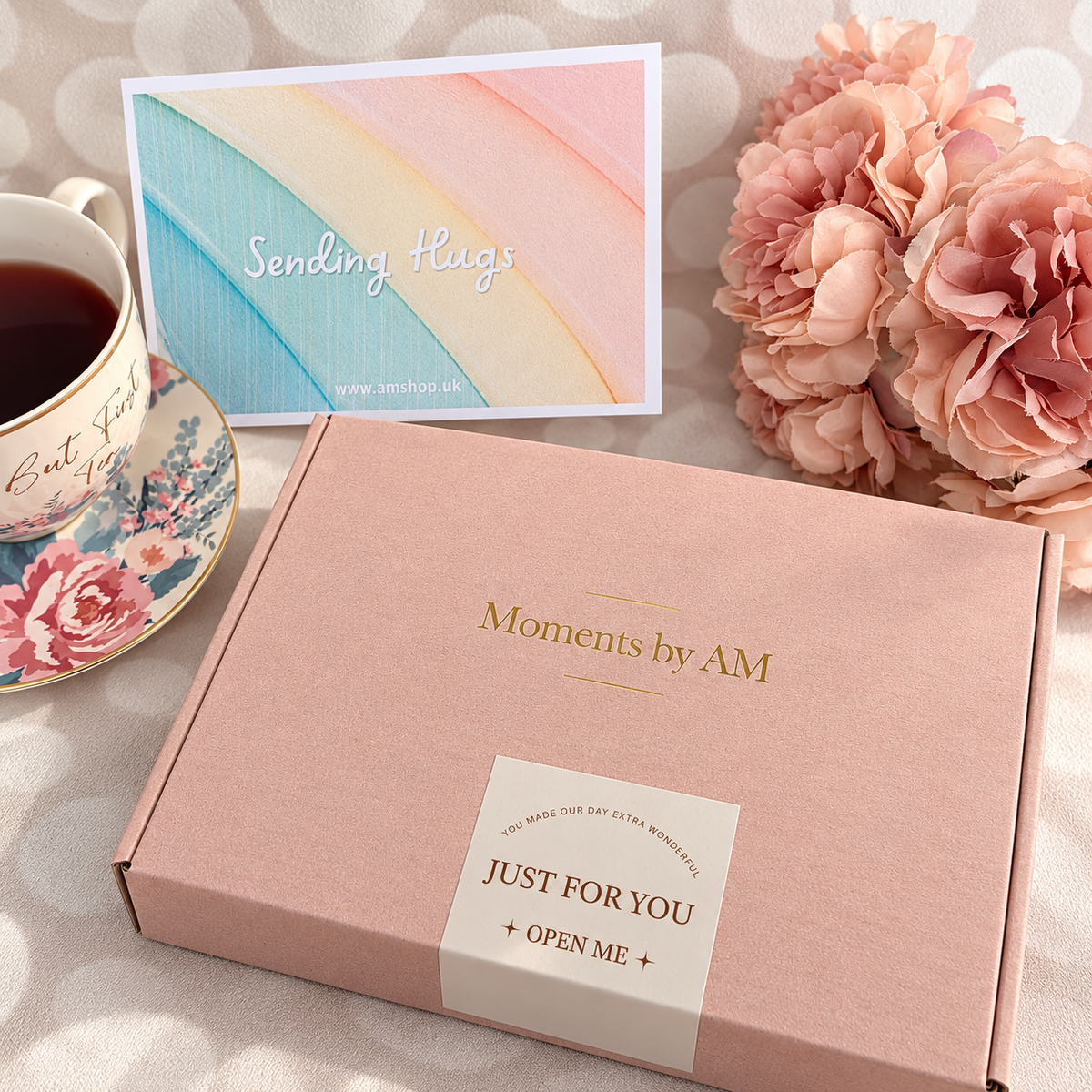 Blush pink Moments by AM gift box with Sending Hugs card; cup and flowers are styling props