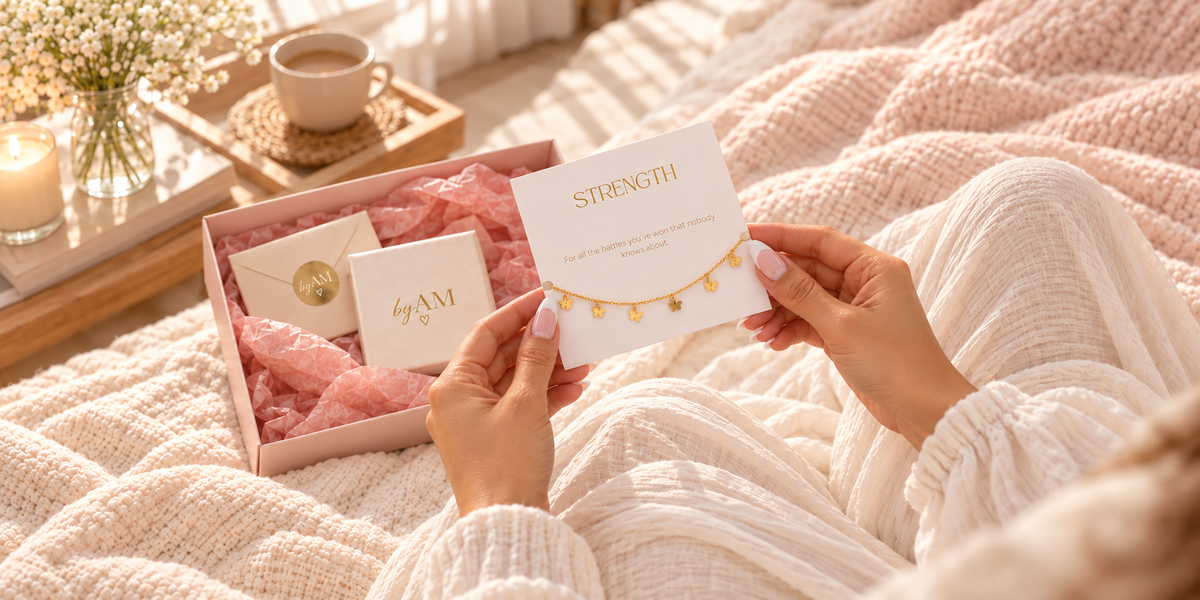 Recipient holding the Farah by AM Strength butterfly bracelet beside its gift packaging