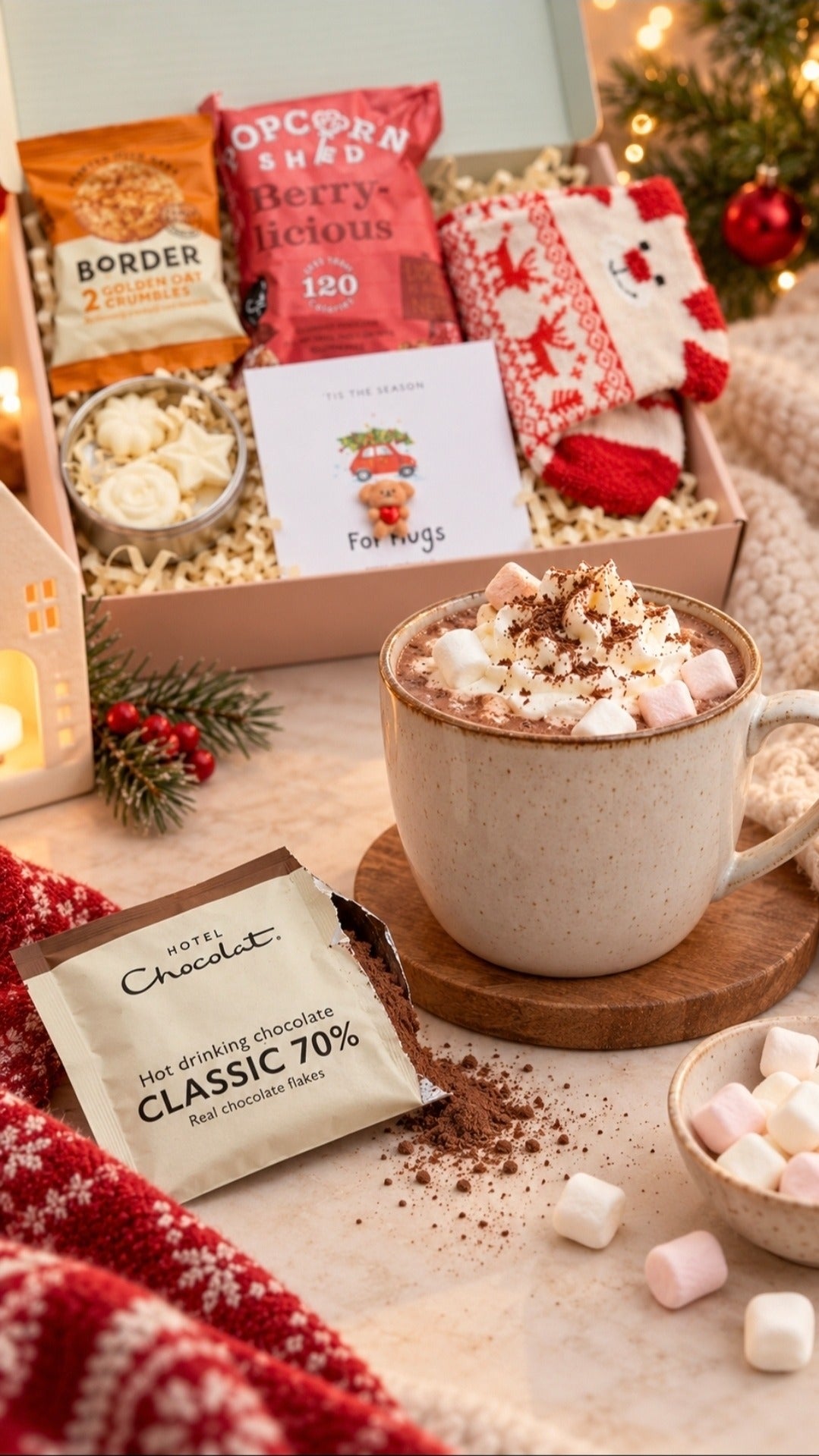 Hotel Chocolat Classic 70 percent hot chocolate prepared beside the Cosy Festive Night In gift box; mug and toppings are styling props.