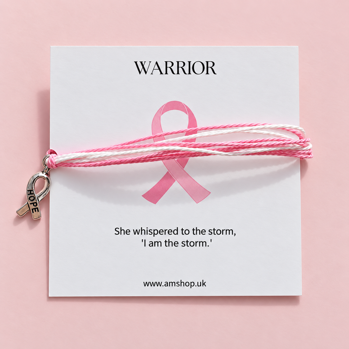 Hope Ribbon Warrior bracelet with a HOPE ribbon charm and pink and white cords.