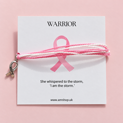 Hope Ribbon Warrior bracelet with a HOPE ribbon charm and pink and white cords.