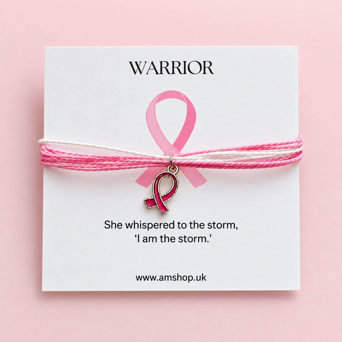 Pink Ribbon Warrior bracelet with pink and white cords on the shared Warrior backing card.