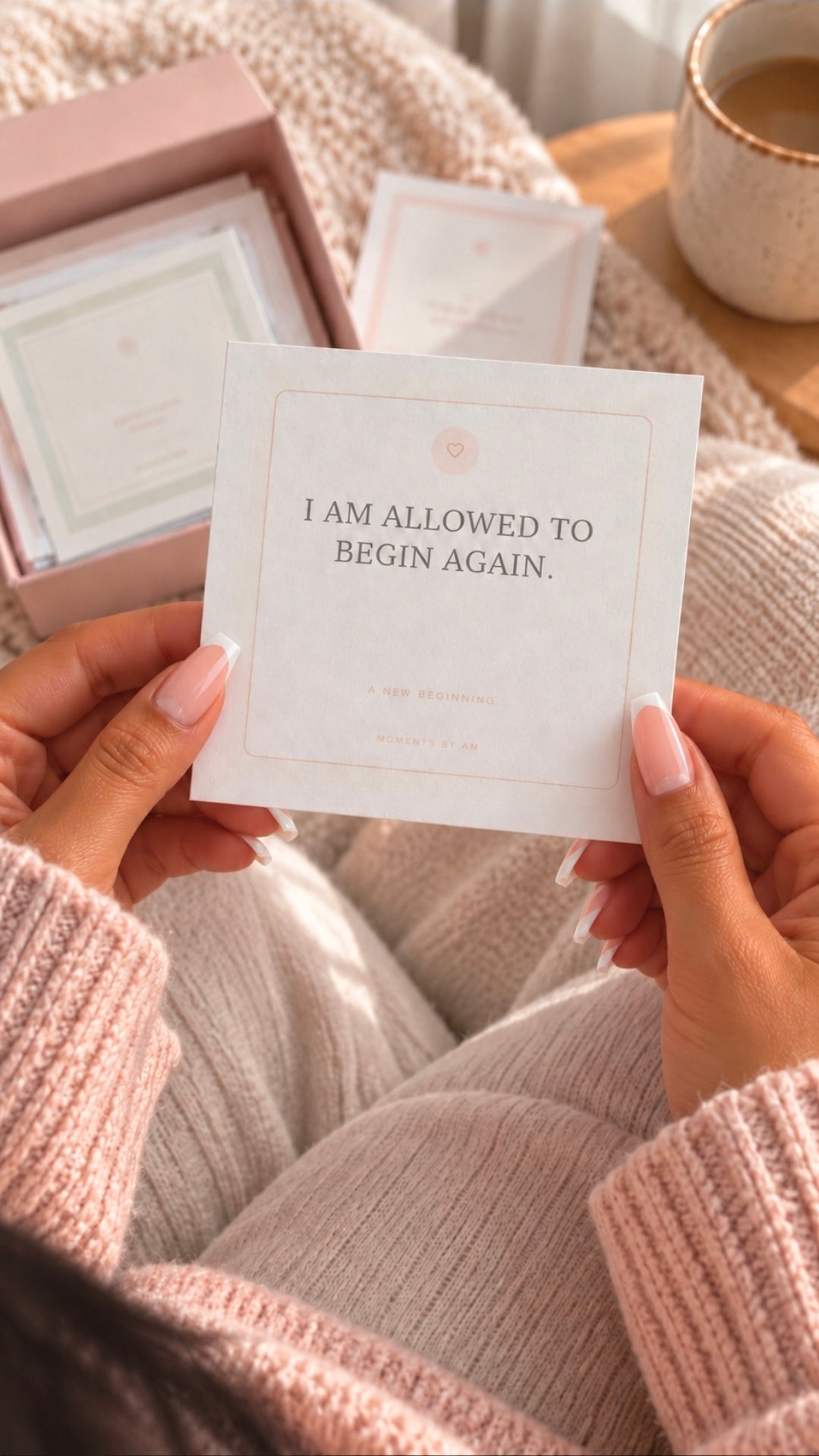 New beginning affirmation card held in a cosy lifestyle setting
