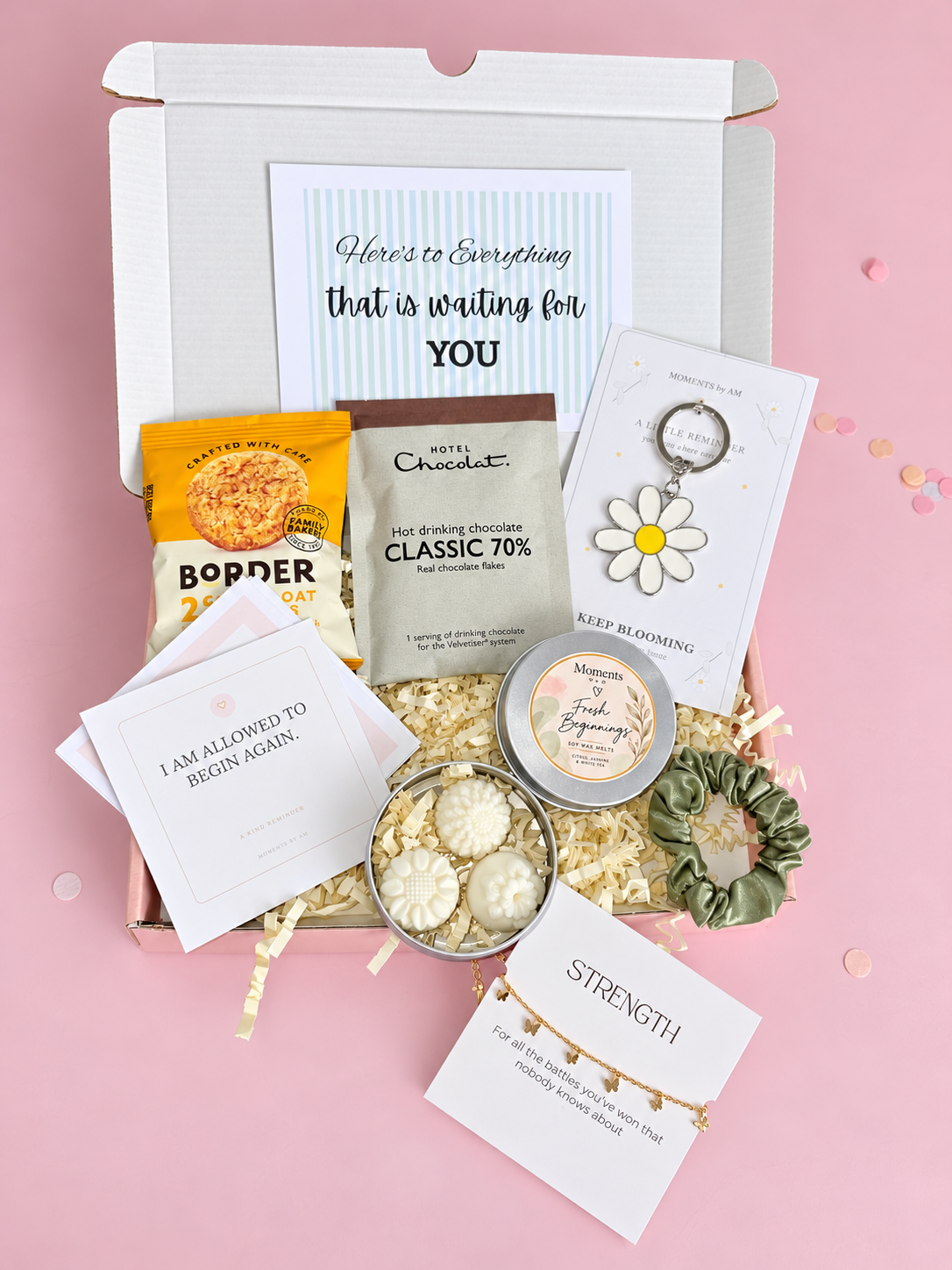 Fresh Beginning gift box with treats, keepsakes and Strength bracelet