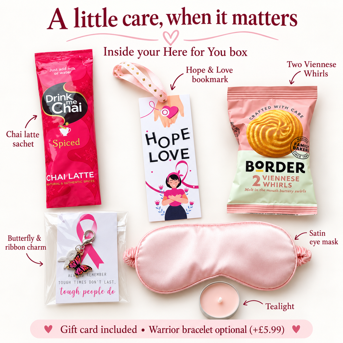Six included items in the Here for You gift box; Warrior bracelet is an optional extra costing £5.99.