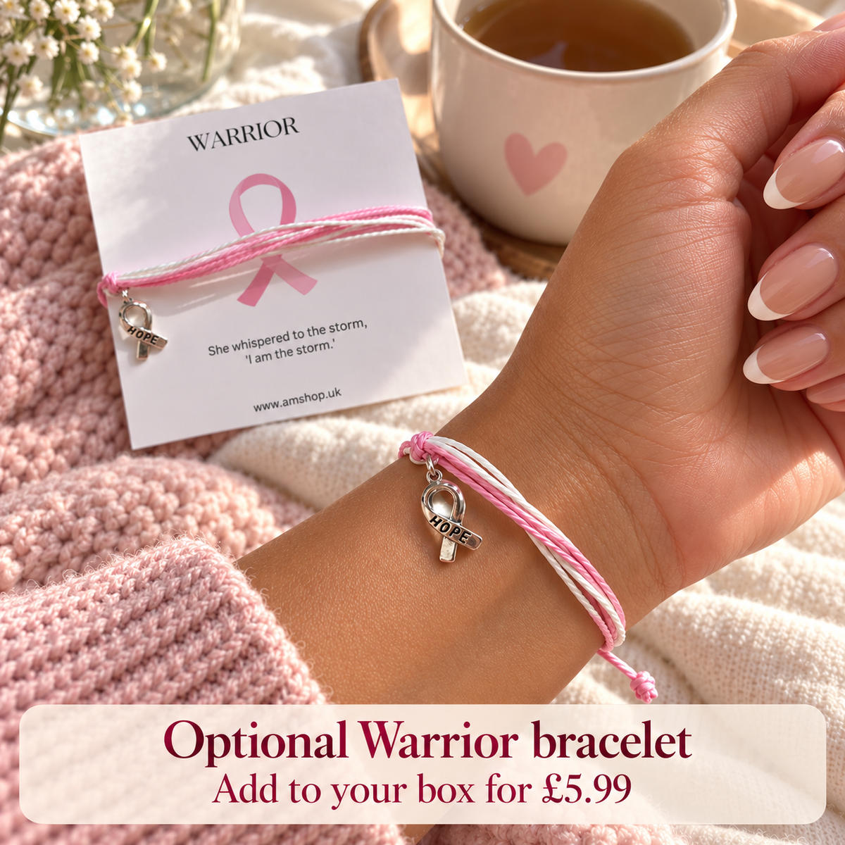Optional Warrior bracelet with pink and white cords and silver-coloured HOPE ribbon charm, available as a £5.99 extra.