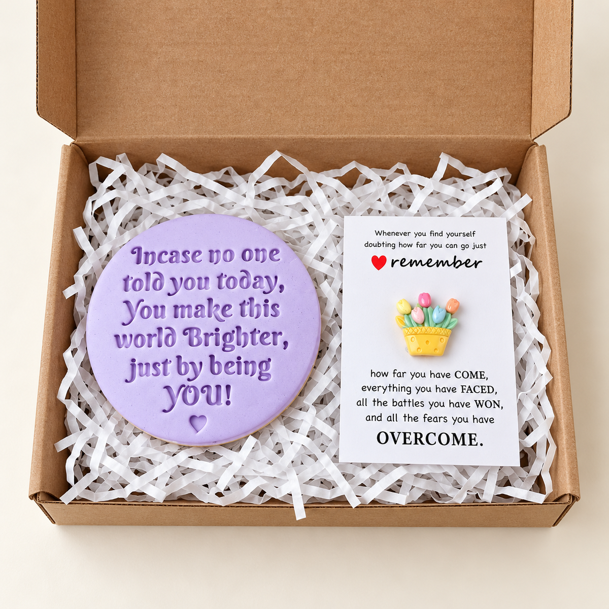 Encouragement gift box with lavender You make this world brighter biscuit and flower-basket keepsake card