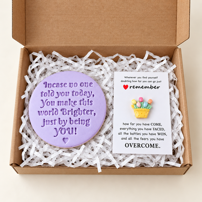 Encouragement gift box with lavender You make this world brighter biscuit and flower-basket keepsake card