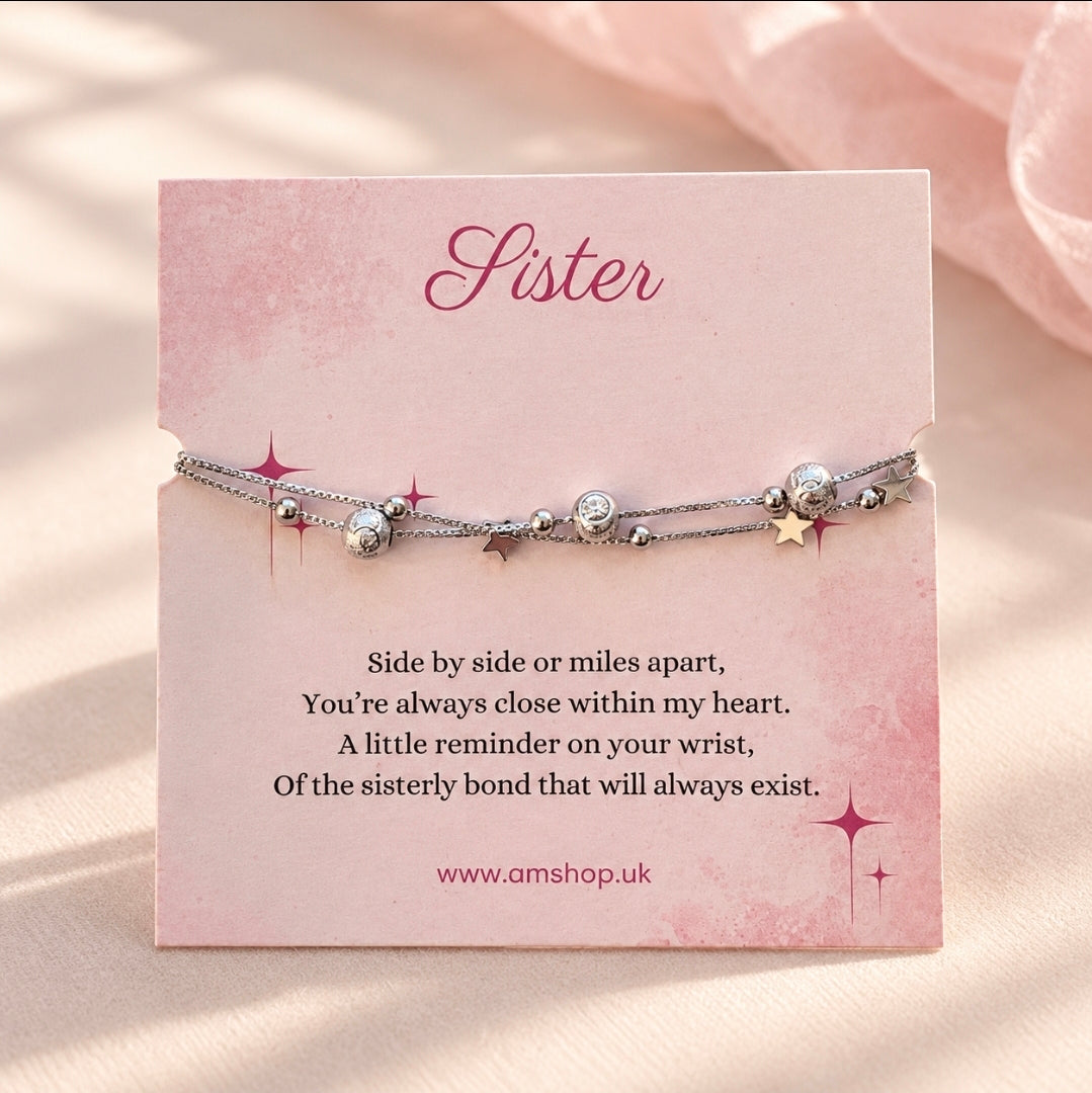 Sister silver bracelet on pink sentiment card