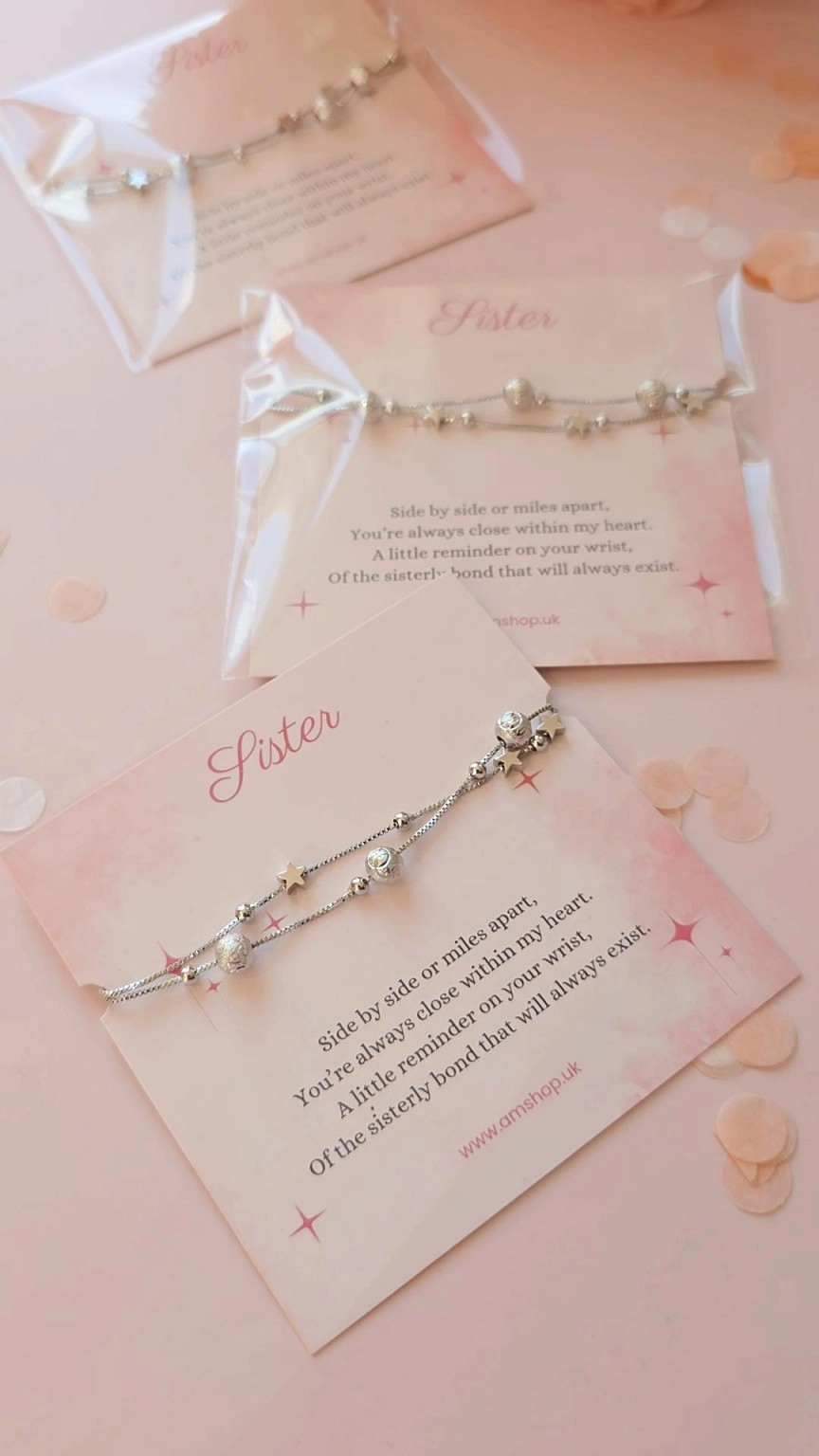 Sister bracelets presented on sentiment cards