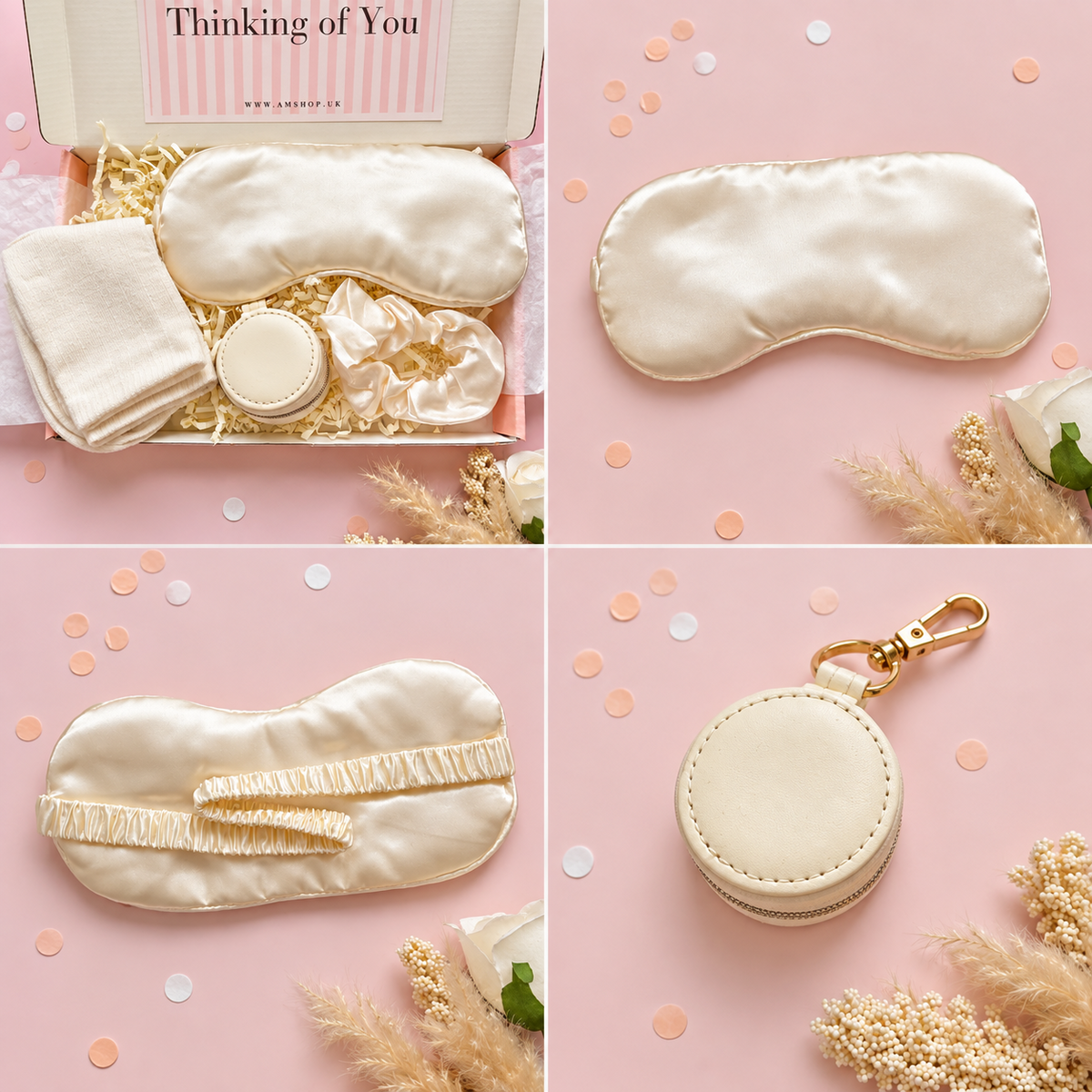 Detail collage of the gift box, sleep mask and keepsake case