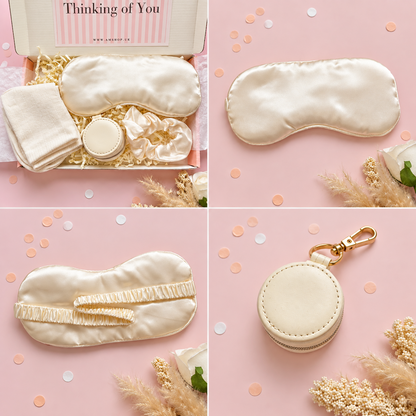 Detail collage of the gift box, sleep mask and keepsake case