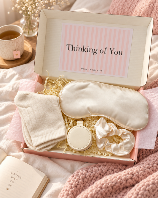 Thinking of You self-care gift box with cosy socks, satin sleep mask, scrunchie and keepsake case
