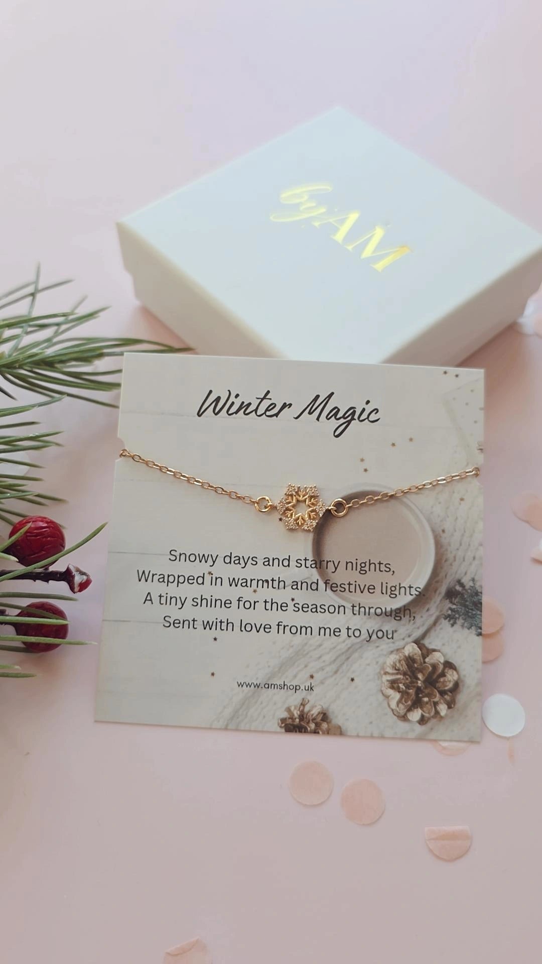 Winter Magic zircon embellished snowflake bracelet on its sentiment card