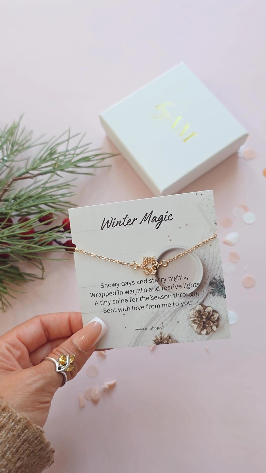 Winter Magic snowflake bracelet with seasonal backing card and BY AM packaging