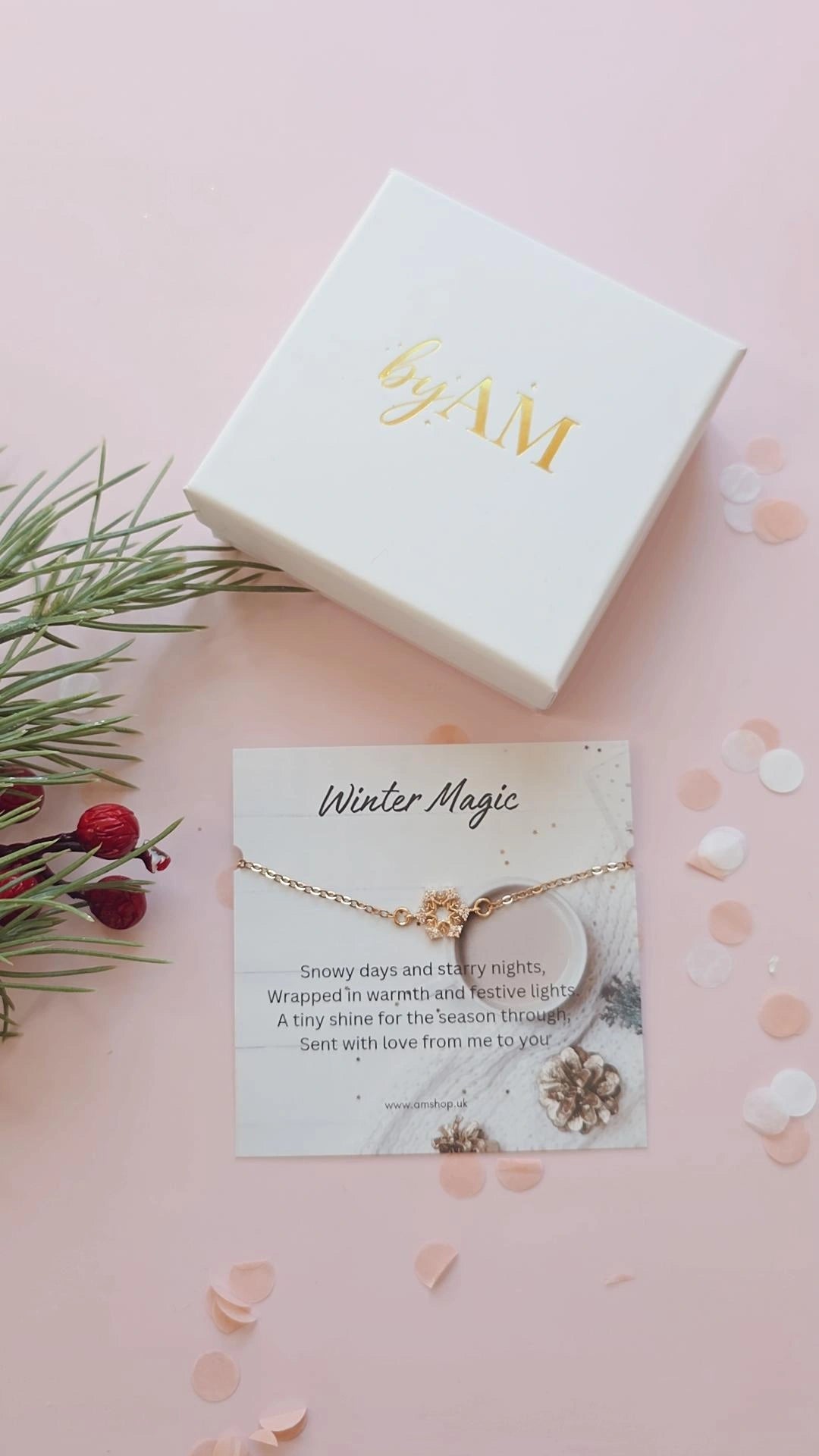 Winter Magic snowflake bracelet with seasonal backing card and BY AM packaging