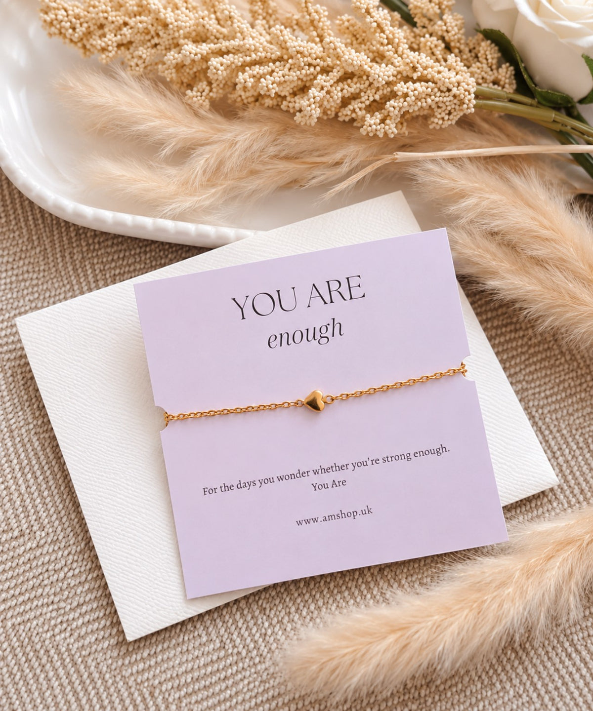 You Are Enough bracelet and affirmation card flat lay